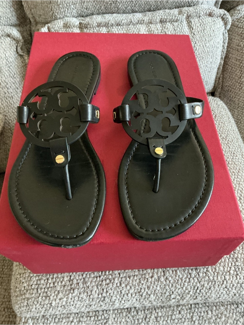 Tory Burch Black Leather Logo Thong Sandals with Gold Accents